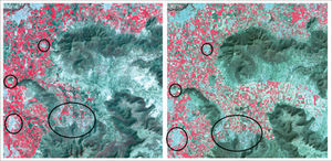 Ejemplo de zonas con notable crecimiento urbano en la región del Valle del Mezquital, Hidalgo. Izquierda: año 2000 (RGB: 432). Derecha: año 2014 (RGB: 543). Las zonas urbanas en ambas imágenes están representadas por color cian.