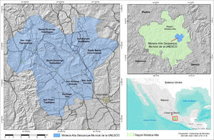 Ubicación y territorio del Geoparque Mundial de la unesco Mixteca Alta. Fuente: Rosado, 2016.