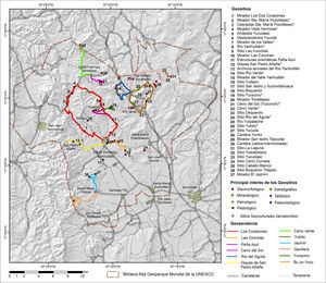 Mapa de geosenderos y geositios del Geoparque Mundial de la unesco Mixteca Alta. Fuente: Rosado, 2016.