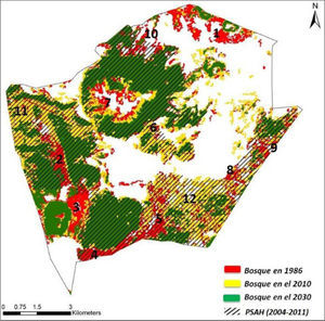 Mapa de la pérdida de cubierta forestal de 1986 al 2030, con los polígonos de psah y gráfica complementaria. Deforestation 1986-2030 vs. territories phes.