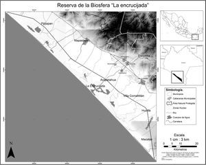 Polígono y zonas núcleo de la R.B. La Encrucijada, y límites del ejido Tzinacal en la costa de Chiapas. Figura 1.