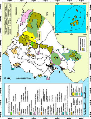 Mapa del Sistema Nacional de Áreas Protegidas del Ecuador, que incluye las Reservas de Biosfera Sumaco y Galápagos.