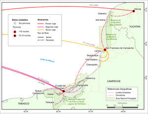 Mapa de los itinerarios realizados en los trabajos de campo por el equipo del proyecto “Organización del sector pesquero comercial ribereño en las áreas naturales protegidas del Estado de Campeche” a 31 de mayo de 2017.
