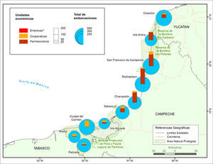 Mapa de unidades económicas y embarcaciones en las zonas de estudio del proyecto “Organización del sector pesquero comercial ribereño en las áreas naturales protegidas del Estado de Campeche” a 31 de mayo de 2017.