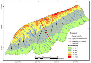 Mapa hipsométrico con l os cauces pr i nci pal es superpuestos, donde se indica la deflexión sistemática hacia el SW de los cursos de agua, en la parte axial de la llanura sur de Pinar del Río.