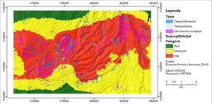 Mapa de susceptibilidad a procesos de ladera de la ladera noreste del volcán Poás. Se incluyen además los procesos de ladera clasificados que se generaron en el terremoto de 2009.