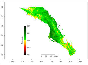 Valores de la tendencia del NDVI (valor de la pendiente de la recta de regresión de cada serie) para el periodo 2001-2015 para cada pixel de 250 x 250 m. Se muestran los polígonos (líneas punteadas) de la Reserva de la Biosfera del Vizcaíno en el norte y la Reserva de la Biosfera Sierra La Laguna en la porción sur.