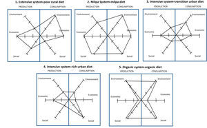 Five scenarios of the current Mexican food system. Each graph illustrates the sustainability of both production and consumption based on the definitions in Table 4.