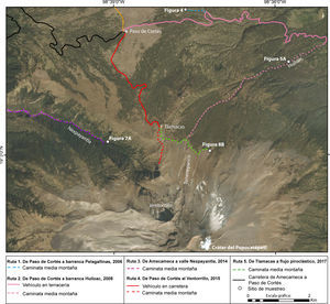 Mapa de rutas de trabajo de campo y sitios de muestreo en el volcán Popocatépetl del 2006 al 2017. Fuente: datos GPS y ArcMap 10.2.2. Cartografía: Osvaldo Franco Ramos.
