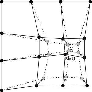 Updating of the winning neuron (BMU) and its neighbours, moving them towards the input vector, marked by an X. Continuous lines and dotted lines respectively represent the situation before and after the update.