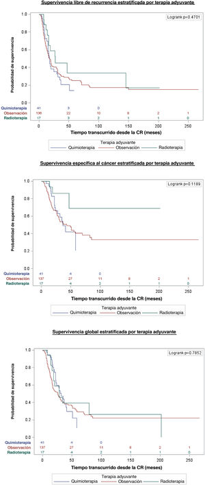 Curvas de Kaplan-Meier con supervivencia libre de recurrencia, supervivencia específica al cáncer y supervivencia global estratificadas por tipo de terapia adyuvante en pacientes con afectación ganglionar tras quimioterapia neoadyuvante y cistectomía radical para el cáncer de vejiga músculo-invasivo.