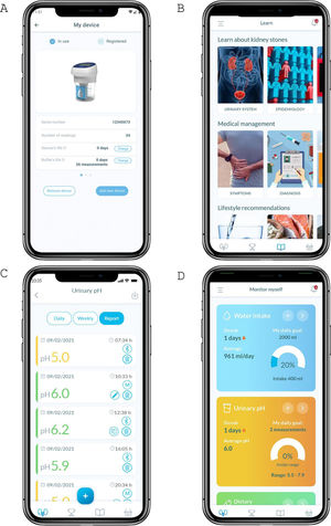 Capturas de pantalla de la aplicación myLit-Control®, que muestran las principales funciones: A) estado del dispositivo, B) herramientas de aprendizaje, C) lecturas de pH y D) estadísticas/cumplimiento (D).