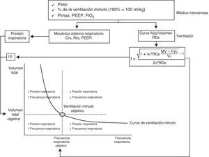 Representación esquemática de los principios básicos de funcionamiento de la ventilación adaptativa de soporte (ASV). (Modificado de referencia 54). Abreviaturas Crs: compliance del sistema respiratorio; f: frecuencia respiratoria; FiO2: fracción inspirada de oxígeno; MV: ventilación minuto; PEEP: presión positiva al final de la espiración; PEEPi: presión positiva intrínseca al final de la espiración; PiMax: presión inspiratoria máxima; Rce: constante tiempo espiratoria; Rrs: Resistencia del sistema respiratorio; VD: espacio muerto anatómico.