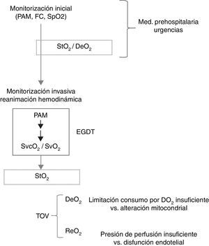 Esquematización de la utilidad de la saturación tisular de oxígeno en el proceso de reanimación del paciente crítico. DeO2: pendiente de desoxigenación de la saturación tisular de oxígeno; EGDT: early goal-directed therapy; FC: frecuencia cardíaca; PAM: presión arterial media; ReO2: pendiente de reoxigenación de la saturación tisular de oxígeno; SpO2: saturación arterial de oxígeno; StO2: saturación tisular de oxígeno; SvcO2: saturación venosa central de oxígeno; SvO2: saturación venosa mixta de oxígeno; TOV: test de oclusión vascular.