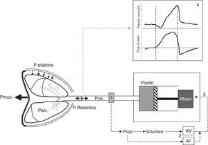 Esquema del sistema PAV. El modo PAV proporciona asistencia proporcional al esfuerzo mediante la medida continua del flujo y el volumen (1) que abandona el ventilador en dirección al paciente y que está en función de la presión muscular (Pmus) que genera el paciente y que lleva a una disminución del presión alveolar (Palv). El flujo y el volumen son amplificados (AF y AV) mediante sendos controles de ganancia ajustables (2) y la suma de ambas señales constituye la señal de control de entrada (3) que genera la respuesta en presión del motor ventilador. El motor mueve el pistón haciendo que el ventilador responda con una rápida entrega de flujo al paciente en proporción a su Palv venciendo la presión elástica y resistiva. Las curvas de presión-tiempo y flujo-tiempo resultantes del ciclo mecánico (4) muestran que el patrón de presurización es gradual, alcanzando el valor máximo al final de la inspiración siguiendo la proporcionalidad en todo momento. Nótese que el ciclado espiratorio coincide con la caída de presión inspiratoria, es decir el cese del esfuerzo inspiratorio (segunda línea discontinua), y de la morfología sinusoidal del flujo, más fisiológica, de la fase inspiratoria.