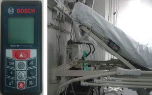 Device used for the measurement of the head-of-bed elevation and technique for the measurement of the backrest elevation (Bosch® GLM 80).