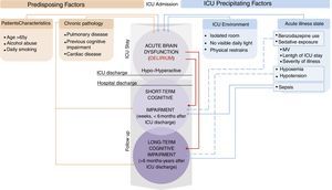 Main predisposing and precipitating factors that critically ill patients may present at ICU admission and their relationship with the cognitive alterations during and after the ICU stay. Predisposing factors are considered as characteristics of patients or their chronic illness. Precipitating factors are related to the ICU environment and illness management, so they are considered more modifiable. Thus, precipitating factors may be potential targets for reducing the risk of cognitive impairment in ICU patients and survivors. → Relation to. → → → → Possible relation to.