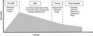Modelo de enfermedad crítica. Modificado de Angus y Carlet11. SMI: servicio de medicina intensiva. aPaquete de medidas ABCDEF: A: prevenir y tratar del dolor; B: prueba de retirada de sedación. Prueba de ventilación espontánea; C: elección analgesia y sedación; D: prevención y tratamiento del delirio; E: movilización precoz; y F: implicación de las familias.
