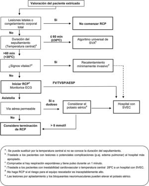 Algoritmo de valoración y actuación para víctimas que han estado completamente enterradas por una avalancha de nieve. Indicaciones del SVEC51. AESP: actividad eléctrica sin pulso; FV: fibrilación ventricular; RCP: reanimación cardiopulmonar; SVEC: soporte vital extracorpóreo; TVSP: taquicardia ventricular sin pulso.