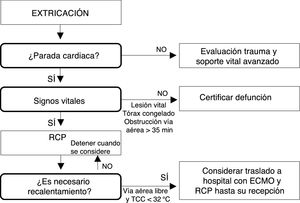 Algoritmo sobre el triaje y la toma de decisiones para víctimas de avalanchas en paro cardiaco. Fuente: Modificado de Kornhall DK, Martens-Nielsen J. The prehospital management of avalanche victims. J R Army Med Corps. 2016;162:406-412. doi:10.1136/jramc-2015-000441)52.