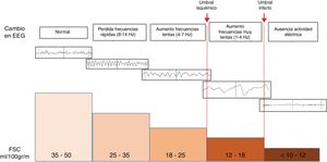Cambios observados en la morfología de las ondas del electroencefalograma a medida que decrece el flujo sanguíneo cerebral (FSC).