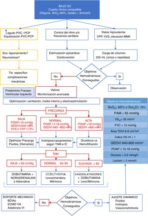 Propuesta de algoritmo de manejo del síndrome de bajo gasto postoperatorio. GEDVI: volumen telediastólico global de ventrículo izquierdo; PAM: presión arterial media; POAP: presión de oclusión arterial pulmonar; PVC: presión venosa central; SvO2: Saturación venosa mixta de oxígeno; SvcO2: Saturación venosa central de oxígeno; TDVI: telediastólica de ventrículo izquierdo; VD: ventrículo derecho; VI: ventrículo izquierdo; VSVI: volumen sistólico de ventrículo izquierdo. *Adaptado de Habicher M et al18.