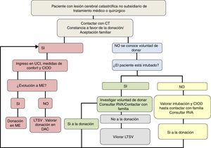 Proceso de los cuidados intensivos orientados a la donación. CIOD: cuidados intensivos orientados a la donación; CT: coordinador de trasplantes; DAC: donación en asistolia controlada; LTSV: limitación del tratamiento de soporte vital; ME: muerte encefálica; RVA: registro de voluntades anticipadas UCI: Unidad de Cuidados Intensivos.