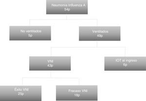 Flujograma de pacientes con neumonía por influenza A (H1N1)pdm09 ingresados en una unidad de cuidados intensivos.IOT: intubación orotraqueal; VNI: ventilación mecánica no invasiva.