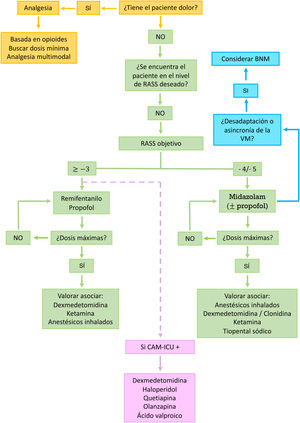 Algoritmo recomendado para el manejo del paciente con sedación difícil. Los fármacos mencionados no están enumerados según un orden de prioridad. Se recomienda basar la elección del fármaco teniendo en cuenta las características del paciente y los posibles efectos secundarios. La dexmedetomidina se recomienda en la sedación secuencial (cuando queramos pasar de una sedación profunda a una sedación ligera), para el tratamiento de deprivaciones alcohólicas o farmacológicas (incluidas las benzodiacepinas), en pacientes con oxigenadores de membrana extracorpórea (ECMO) y en situaciones de delirium hiperactivo. La ketamina debe valorarse en aquellos pacientes con mal control del dolor, con estatus asmático, en los tratados con ECMO o en los inestables hemodinámicamente. Los anestésicos inhalados, en pacientes seleccionados, pueden ser considerados como primera opción, incluso por delante de las benzodiacepinas, para mantenimiento de un RASS ≤−4, también puede utilizarse en pacientes con estatus asmático o epiléptico. Los antipsicóticos típicos (haloperidol) y atípicos (quetiapina y olanzapina), aunque no han demostrado acortar la duración del delirium, de la VM ni la estancia en CI, pueden ser empleados para el control de síntomas como la agitación, la ansiedad o las alucinaciones. El ácido valproico puede usarse en aquellos casos de síntomas refractarios a los antipiscóticos. Para ello, podemos utilizar pautas de 1.500mg/día repartidos en 3-4 dosis, que podrán precederse de una carga de 28mg/kg. CAM-ICU: Confusion Assessment Method for the ICU.
