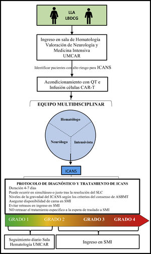 Proceso de ingreso y seguimiento para pacientes en terapia con células CAR-T. ASBMT: Sociedad Americana de Hematología y Trasplante de Médula Ósea; CAR: receptor quimérico de antígeno específico; ICANS: Síndrome de neurotoxicidad asociada a células inmuno-efectoras; LDCBG: linfoma difuso de células B grandes; LLA-B: leucemia linfoblástica aguda B; QT: quimioterapia; SLC: síndrome de liberación de citoquinas; SMI: servicio de medicina intensiva; UMCAR: unidad multidisciplinar.
