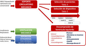 Soporte mecánico multisistémico en el shock cardiogénico poscardiotomía (SCP). El SCP debe considerarse como una afectación multisistémica, que nos obliga a realizar soporte de múltiples órganos. Además de la ventilación mecánica y terapias de depuración extrarrenal, en los pacientes con SCP refractario hay que plantear, de manera precoz, la necesidad de SMC. La selección de pacientes se realizará según los datos aportados en la tabla 3. La selección del dispositivo (tabla 1E) se realizará ajustando a la situación clínica concreta del enfermo, la necesidad de soporte uni o ventricular, afectación pulmonar, mayor o menor cantidad de flujo para conseguir adecuada perfusión orgánica, etc. En los casos en que se desarrolle congestión pulmonar, dilatación ventricular izquierda y/o pérdida de pulsatilidad arterial, hay que plantear la descompresión ventricular izquierda, bien con maniobras poco invasivas (ajuste de flujos del soporte mecánico, de fármacos vasoactivos y diuréticos), bien con maniobras que consigan mayor descarga, como el BCIAo, la atrioseptostomía, la aspiración arterial pulmonar, el dispositivo Impella® (o similares) o la descarga directa del ventrículo izquierdo.
