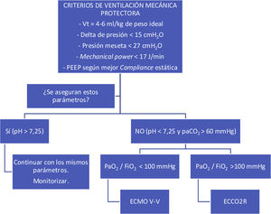 Propuesta de aplicación de los diferentes dispositivos extracorpóreos en pacientes tratados mediante ventilación mecánica. ECCO2R: extractor extracorpóreo de monóxido de carbono; ECMO-VV: oxigenador de membrana extracorpóreo venovenoso; paCO2: presión arterial de monóxido de carbono; PaO2/FiO2: ratio entre la presión arterial de oxígeno y la fracción inspirada de oxígeno; Vt: volumen tidal.