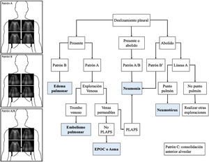 BLUE Protocol. Se muestran los patrones más frecuentes: el patrónA, con líneasA en los cuatro puntos estudiados; el patrónB, con líneasB en los cuatro cuadrantes, y el patrón A/B, que muestra una distribución variable de líneasA yB. En función de los patrones ecográficos y del deslizamiento pulmonar se pueden establecer los diferentes diagnósticos en los pacientes con insuficiencia respiratoria aguda.PLAPS: posterolateral alveolar and pleural syndrome.