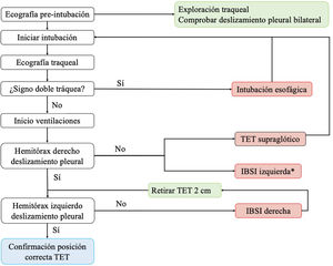 Algoritmo propuesto para la comprobación de la correcta posición del tubo endotraqueal16. IBSI: intubación bronquial selectiva inadvertida. TET: tubo endotraqueal; *Poco frecuente.