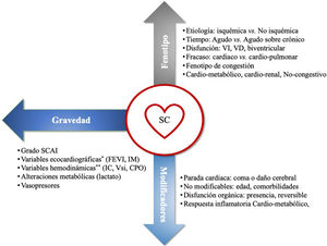 Valoración triaxial de los pacientes en shock cardiogénico (SC). *Alteraciones ecocardiográficas: fracción de eyección del ventrículo izquierdo (FEVI)<40% y la insuficiencia mitral precoz. **Alteraciones hemodinámicas: Índice cardíaco (IC)<1,8ml/kg/m2, volumen sistólico indexado (Vsi)<35ml/m2, Cardiac power output (CPO)<0,6W. VD: ventrículo derecho; VI: ventrículo izquierdo.