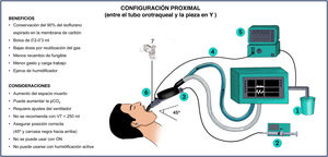 Configuración proximal entre el tubo orotraqueal y la pieza en Y del ventilador. 1: adsorbente; 2: jeringa y bomba de infusión de isoflurano; 3: Sedaconda-ACD®; 4: línea de medición FE gases; 5: analizador de FE de gas; 6; tubo orotraqueal; 7: nebulizador.