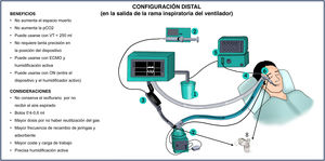 Configuración distal, conectado a la salida de la rama inspiratoria del ventilador. 1: adsorbente; 2: jeringa y bomba de infusión de isoflurano; 3: Sedaconda-ACD®; 4: línea de medición FE gas; 5: analizador de FE de gas; 6: tubo orotraqueal; 7: humidificador; 8: nebulizador.