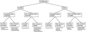 Outcomes of all 54 patients with refractory cardiac arrest. Outcomes and etiologies of all ECPR cases. Survivors include patients with good neurological outcome (CPC 1 or 2); non survivors include deceased patients (38) and survivors with bad neurological outcome (1).