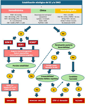 Algoritmo de retirada del soporte circulatorio mecánico en pacientes con shock cardiogénico. BCIAo: balón de contrapulsación intraaórtico; CW: potencia cardiaca; DMO: disfunción multiorgánica; ECMO VA: oxigenación con membrana extracorpórea; FAC: fracción de acortamiento; FEVI: fracción de eyección de ventrículo izquierdo; IC: índice cardiaco; IVT: integral velocidad tiempo; LTSV: limitación de terapia de soporte vital; LVAD: asistencia ventricular izquierda de larga duración; PAM: presión arterial media; PAPi: pulmonary artery pulsatility index; PAS: presión arterial sistólica; PCP: presión capilar pulmonar; PD: presión diferencial; PVC: presión venosa central; SC: shock cardiogénico; SCM: soporte circulatorio mecánico; SvO2: saturación venosa de oxígeno; TAPSE: desplazamiento sistólico del plano del anillo tricúspideo; TSVI: tracto de salida del ventrículo izquierdo; TxC: trasplante cardiaco; VD: ventrículo derecho; VI: ventrículo izquierdo. *: Si ECMELLA, retirar primero ECMO y después Impella® CP.