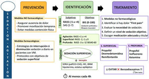 Sedación-agitación. BIS: índice biespectral; BMNI: bloqueo neuromuscular; HIC: hipertensión intracraneal; RASS: Richmond Agitation Sedation Scale; SAS: Riker Sedation-Agitation Scale; SDRA: síndrome de distrés respiratorio agudo; VM: ventilación mecánica. Tomado de Hurtado et al.7 (con permiso).