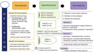 Prevención, identificación y manejo del delirium. BZD: benzodiacepinas; CAM-ICU: Confusion Assessment Method for the ICU; ICDSC: Intensive Care Delirium Screening Checklist. Tomado de Hurtado et al.7 (con permiso).