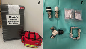 A) Maleta y mochila de traslado interhospitalario. B) Diferentes adaptadores para las conexiones de aire y oxígeno.