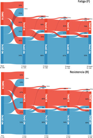 Evolución de cada uno de los componentes de la escala FRAIL-Es en cada momento de la evaluación.