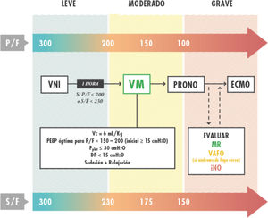 Esquema diagnóstico-terapéutico aplicable al síndrome de Distrés respiratorio agudo (SDRA). ECMO: oxigenación por membrana extracorpórea; MR: maniobras de reclutamiento; iNO: óxido nítrico inhalado; P/F: presión arterial parcial de oxígeno/fracción inspirada de oxígeno; S/F: saturación de oxígeno medida por pulsioximetría/fracción de oxígeno inspirado; VAFO: ventilación de alta frecuencia oscilatoria; VM: ventilación mecánica; VNI: ventilación no invasiva. Tomado de 80.