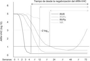 Diferentes tipos de respuesta virológica según la cinética viral de las semanas 4 y 12. Respuesta virológica rápida (RVR) (línea negra); respuesta virológica precoz completa (RVPc) (línea gris); respuesta virológica precoz parcial (RVPp) (línea puntos negros), y respuesta nula (RN) o sin respuesta (línea puntos gris). Los pacientes con RVPp presentan un mayor riesgo de recidiva (línea discontinua). Si la viremia es negativa en la semana 24, estos pacientes se denominan respondedores lentos. VHC: virus de la hepatitits C.