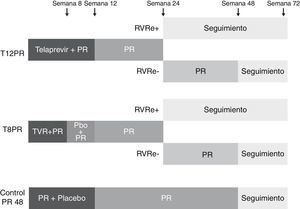 Esquema del diseño del estudio ADVANCE56. Los pacientes fueron aleatorizados en 3 brazos de tratamiento, los 2 primeros con 12 y 8 semanas de triple terapia (T12PR y T8PR, respectivamente) y el tercero de control con placebo, PEG-IFN y ribavirina durante 12 semanas seguido de PEG-IFN y ribavirina hasta la semana 48 (PR48). En el brazo T8PR, tras la semana 8 se continúa el tratamiento hasta semana 12 con placebo, PEG-IFN y ribavirina. La duración de los 2 primeros brazos varió en función de la respuesta viral (RGT): en caso de presentar un RNA-VHC negativo en semanas 4 y 12 de tratamiento (respuesta viral rápida extendida, RVRe) se continúa el tratamiento hasta la semana 24, mientras que si este es positivo en algún momento entre las semanas 4 y 12 se continúa hasta la semana 48 con PEG-IFN y ribavirina. TVR: telaprevir; pbo: placebo.