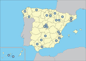 Distribución de los diferentes hospitales en España que colaboraron en la recogida de los casos.