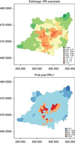 Distribución del riesgo relativo suavizado y la probabilidad posterior de la incidencia de cáncer gástrico por municipios del área de salud de León.