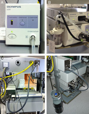 Material empleado para la insuflación de CO2. A) Dispensador de CO2 de la empresa Olympus. B) Botella de agua específica. C) Se muestra la conexión desde el insuflador de CO2 a la toma central instalada en la columna de endoscopia. D) Se muestra la alternativa a la situación anterior: conexión desde el insuflador con una botella de CO2.