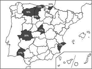 Provincias españolas (sombreadas en gris) en las que se ha evaluado la tasa de resistencia de H. pylori a claritromicina (valor numérico) desde 2007 a 2012.